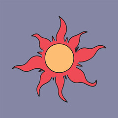 Line and cartoon boho element stock design.Season hand drawn abstract icon set. Colorful naive groovy tropical symbols: palm, sun, wave, heart, flower, cloud, leaves,bottles, hand, hug, woman, candle