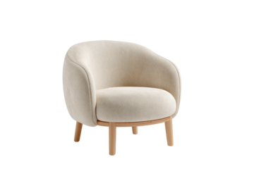Cream-colored, rounded arm chair with light wood legs