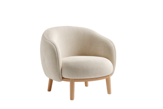 Cream-colored, rounded arm chair with light wood legs
