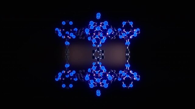 Looping 3D animation of the MOF-5 metal&ndash;organic framework rotating to show a cubic network of zinc clusters and organic linkers, illustrating the structure of a porous nanomaterial.