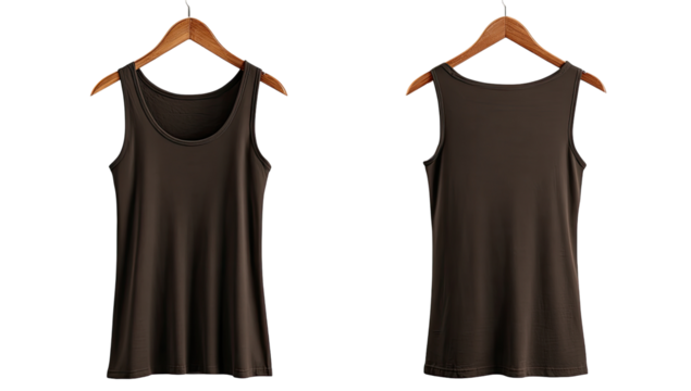 Two views of a dark brown tank top on wooden hangers