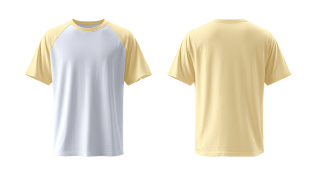 Front and back views of a light beige/pale yellow t-shirt with contrasting off-white raglan sleeves