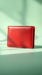 red leather wallet isolated on light green background