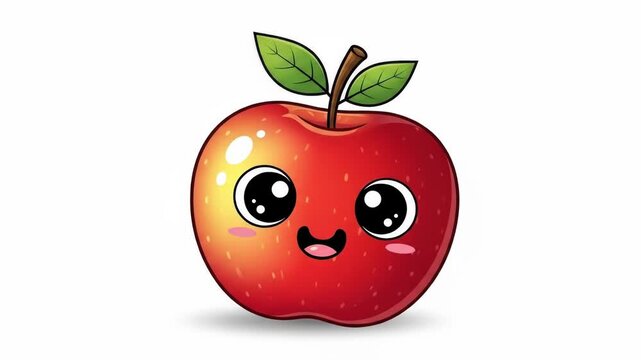 A cartoon red apple with big eyes, rosy cheeks, and a wide smile on a white background
