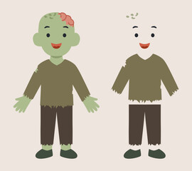 Halloween character. Funny costumes: zombie. Kids in spooky outfits with trick or treat. Illustration in cartoon style, doodle mascots