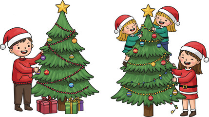 Happy children decorating Christmas tree together, joyful holiday celebration, winter season fun, kids with gifts, ornaments, Santa hats, and happiness