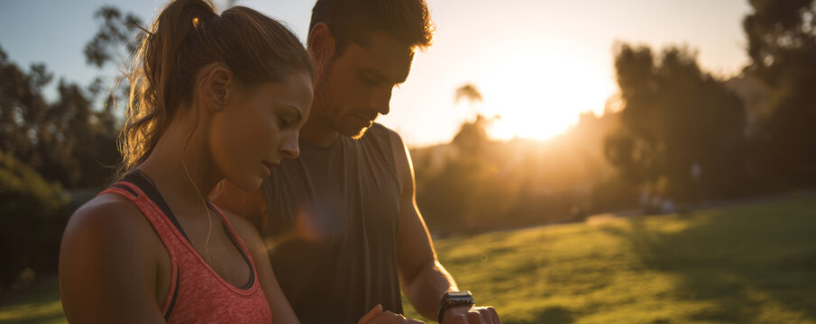 Couple checking fitness watch during sunset outdoor run, athletic woman and man pause to view smartwatch data while standing in park at golden hour