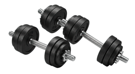 Adjustable black dumbbells for strength training and fitness workouts on a white background, ideal for home gyms and muscle building