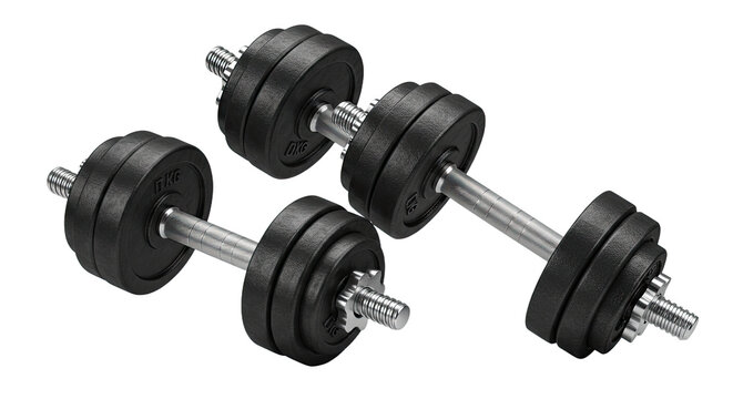 Adjustable black dumbbells for strength training and fitness workouts on a white background, ideal for home gyms and muscle building