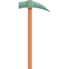 Cartoon illustration of a pickaxe tool with a teal head and a light brown wooden handle on a transparent background