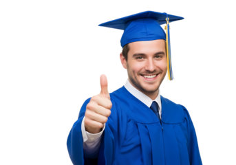 Happy graduate in blue cap and gown giving a thumbs up gesture, isolated on transparent background