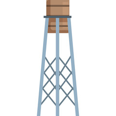 Cartoon illustration of a wooden water tower on a tall grey metal structure with a crisscross support system against a white background