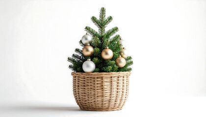 Small Christmas tree decorated with gold and silver ornaments, displayed in a woven wicker basket against a white background.