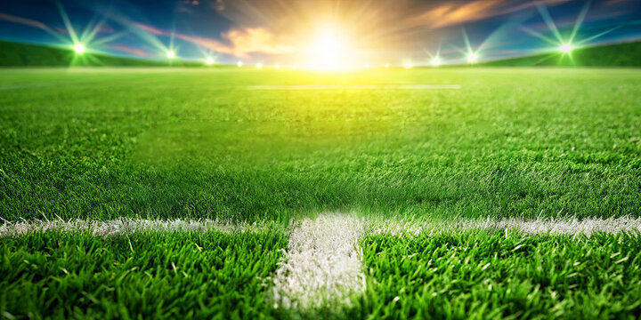 Fototapeta A bright morning light illuminates a well-maintained soccer field. The grass is vibrant and fresh, setting the stage for an exciting game to come