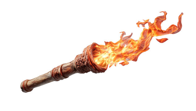 A wooden torch with a detailed handle, burning with vibrant orange and yellow flames