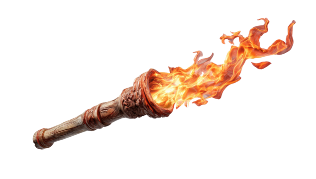 A wooden torch with a detailed handle, burning with vibrant orange and yellow flames