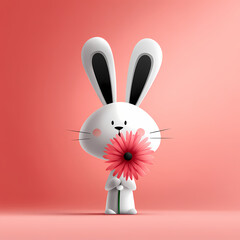 Valentine's Day rabbit with a pink flower, 3D render
