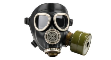 Black Rubber Gas Mask with Green Filter Isolated on White Background