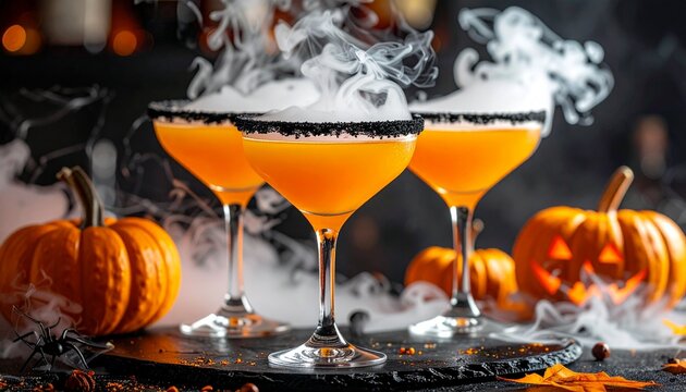 Spooky Halloween cocktails with swirling smoke and glowing jack-o'-lanterns create a festive and mysterious atmosphere perfect for seasonal celebrations and parties.