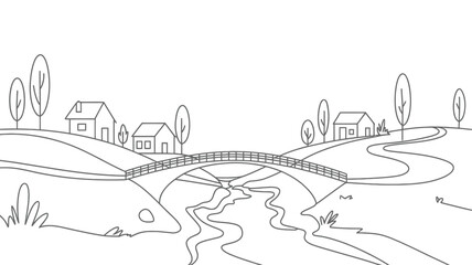 Obraz premium Continuous line drawing of two houses and a tree with a winding path in a simple landscape silhouette