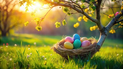 Golden hour illuminates colorful eggs nestled in a springtime bird's nest beneath a blossoming tree branch