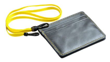 A black leather cardholder with yellow stitching and a bright yellow lanyard, isolated on black