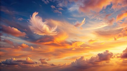 Serene Sunset Sky with Delicate Feathers Drifting Gracefully on a Gentle Breeze