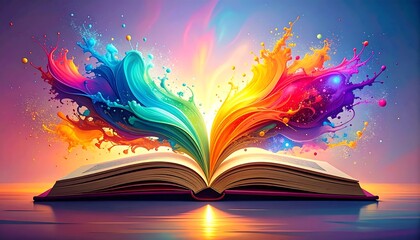 Open book exploding with vibrant rainbow colors and bright light