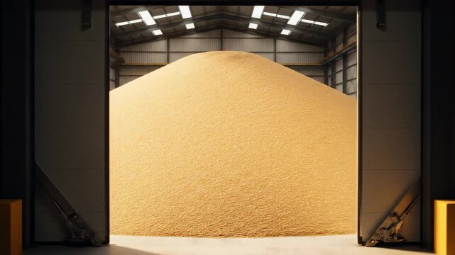 View through partially opened sliding doors into a large storage space overflowing with grain