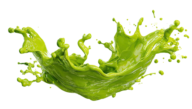 A vibrant lime green liquid splash against a solid black background. Captures the dynamic energy of movement