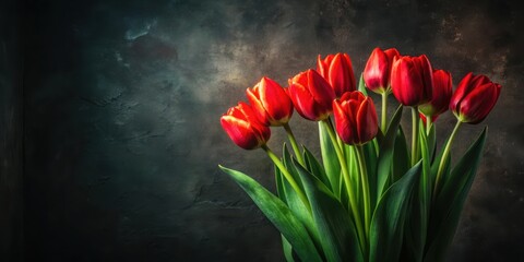 A vibrant bouquet of deep red tulips against a dark textured background, showcasing the beauty of spring blossoms