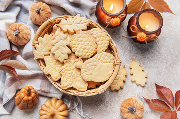Fototapeta premium Autumn cookies basket with seasonal decorations