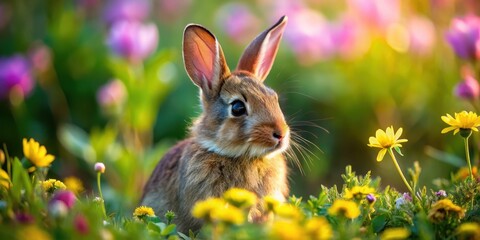A young rabbit nestled amongst vibrant wildflowers, bathed in the warm glow of sunlight, exudes springtime charm and innocence.