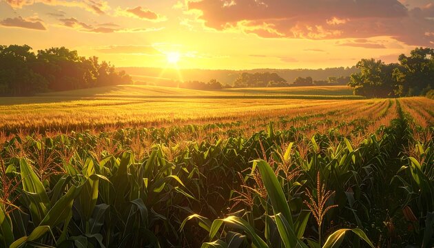 Golden Hour Cornfield - A Serene Agricultural Landscape at Sunset.