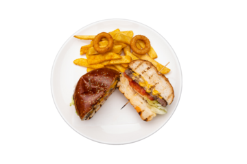 Transparent PNG of a cheeseburger with onion rings and fries on a white plate, isolated for food and menu design.