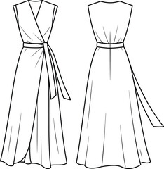 cad drawing flat vector illustration, sleeveless wrap dress sketch, sash tie waist, pleated floor-length skirt, fashion template, garment construction