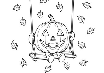 Halloween Pumpkin Character Enjoying a Swing on a Beautiful Autumn Day - Coloring Page