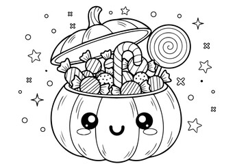 Sweet Halloween pumpkin filled with various candies, a candy cane, and lollipop, an adorable and fun coloring page for children's creative activity