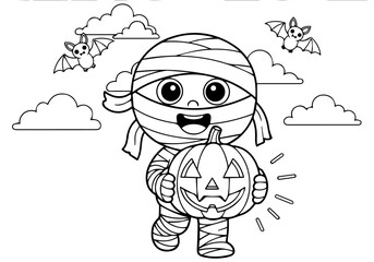 Halloween coloring page featuring a cute mummy holding a glowing jack-o'-lantern with bats flying in the sky