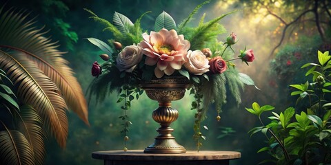 Luxurious floral arrangement in an ornate golden vase, nestled amidst lush tropical foliage, bathed in soft sunlight
