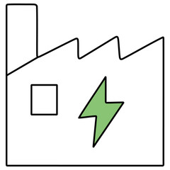 Simple factory building icon with a green lightning bolt representing electricity or power generation