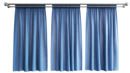 Elegant blue curtains draping from metal rod with soft fabric folds and interior home decor element isolated on white background