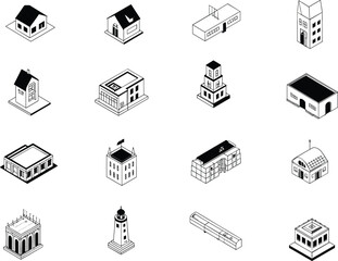 Isometric building icon collection, urban architecture, residential homes, commercial blocks, landmark structures, minimal vector design, black and white
