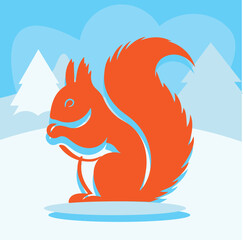 A cute cartoon squirrel with a large nut is a funny vector illustration of a wild mammal with an orange tail