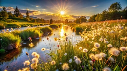 Serene Sunset Landscape Featuring a Gentle River and Vibrant Wildflowers Blooming at Golden Hour