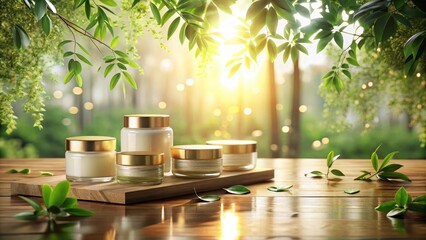 Serene Skincare Products Displayed on Wooden Surface with Lush Greenery and Sunlight