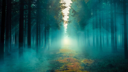 Obraz premium A serene path winds through a lush forest filled with tall evergreen trees. Soft morning light breaks through the mist, creating a magical atmosphere