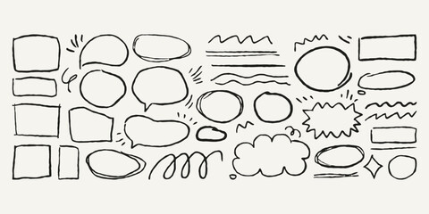 Hand drawn doodle set of speech bubbles, frames, highlights, emphasis, underlines. Sketchy comic collection for school notebook. Pencil crayon lines.