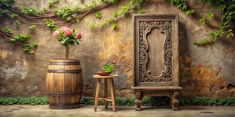 Rustic Wooden Cabinet and Barrel Planters with Blooming Roses Against Weathered Wall