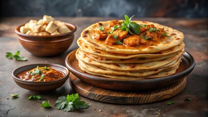Aromatic Spiced Chicken Curry Served atop a Stack of Flaky Flatbreads, Garnished with Fresh Herbs and Accompanied by a Side of Zesty Sauce